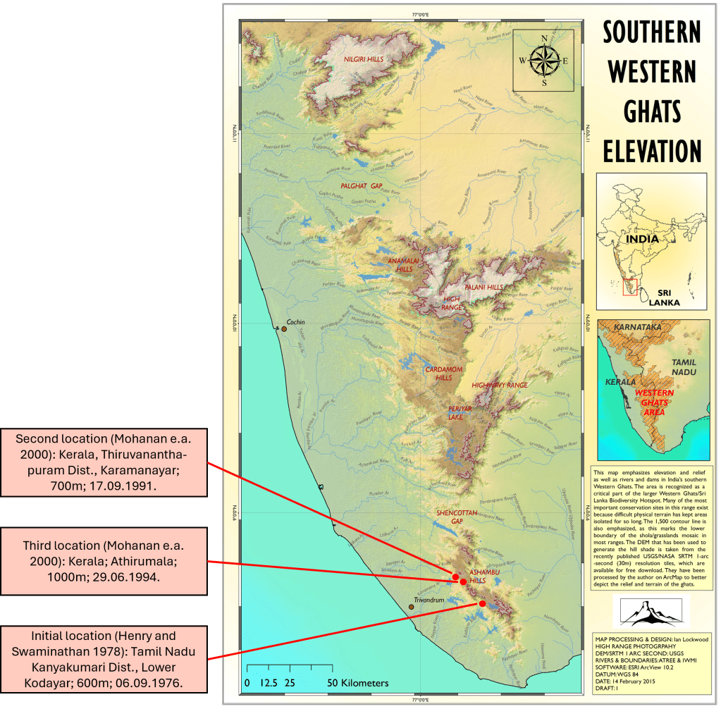 Locations for the known specimens of Hoya kanyakumariana in the southernmost elevations of the Western Ghats, India; source of the underlying map: Lockwood 2015.